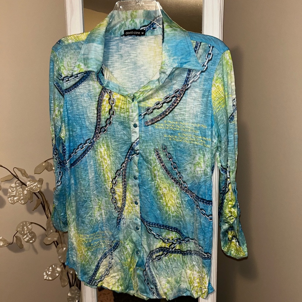 💜David Cline Blue and Yellow chain Button Down Shirt sz M